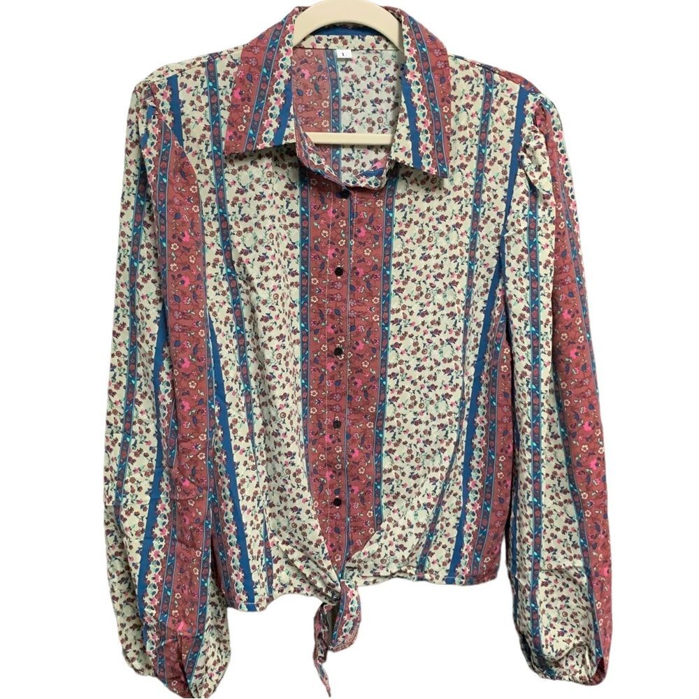 SHEIN Vintage style floral stiped long sleeves tie blouse